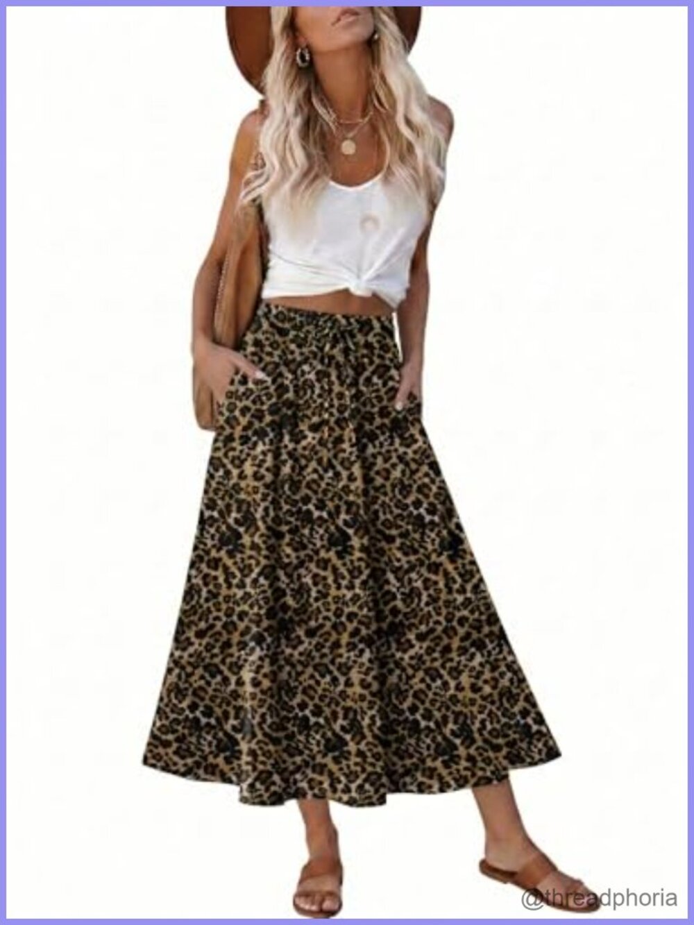 Women's A-Line Midi Skirt with Pockets Elastic High Waist Flowy Swing Skirt